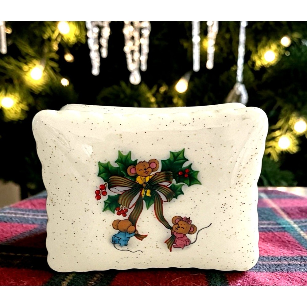 Vtg Christmas Covered Candy Dish w/Mice Glitter Handmade Kitsch Ceramic 1980's - Picture 1 of 12